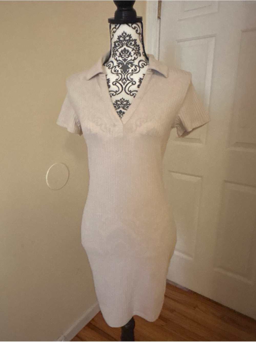 Divided Cream Ribbed Polo V-Neck Midi Dress